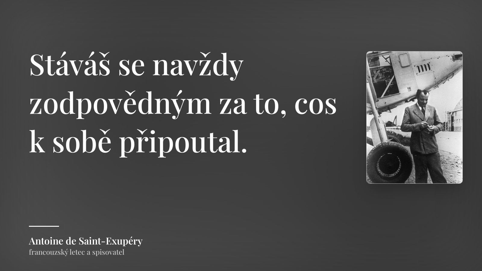 Antoine de Saint-Exupéry citát: „Stáváš se navždy zodpovědným za to, cos k sobě připoutal.“